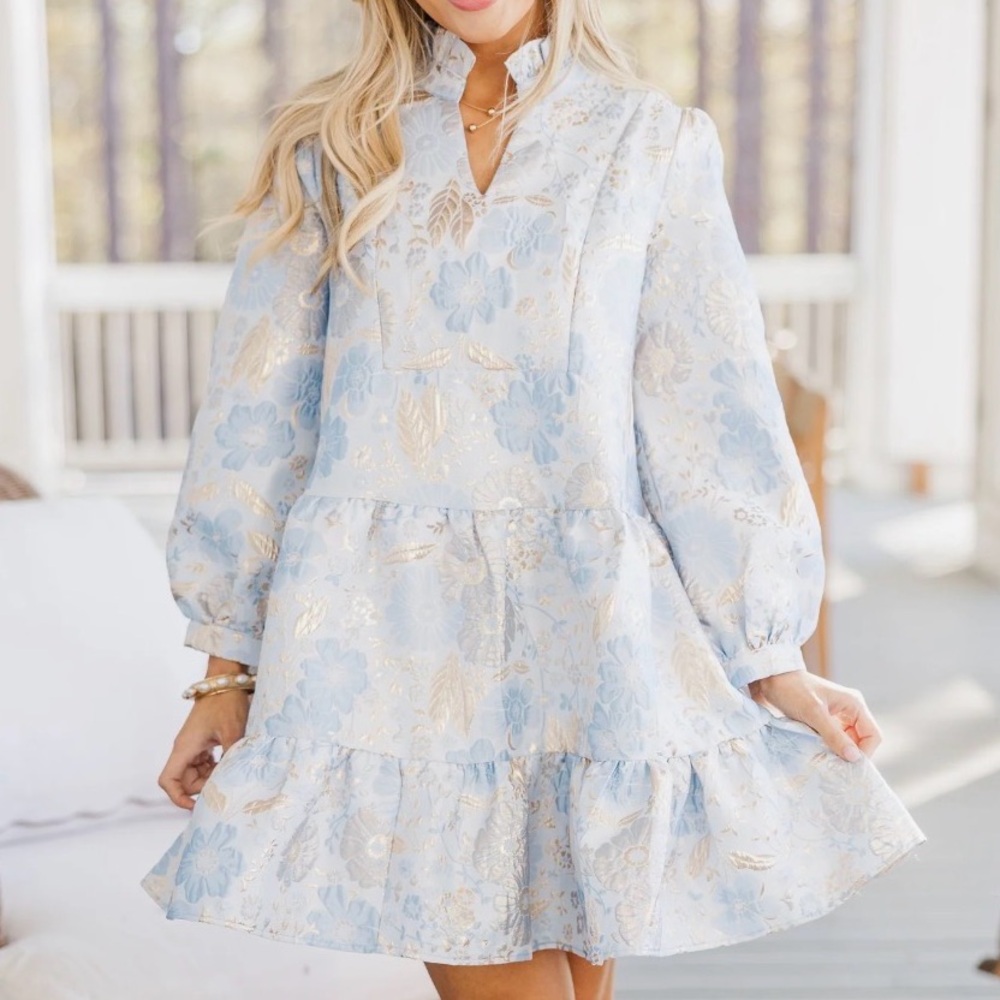 Elegant Blue Floral Metallic Tiered Dress